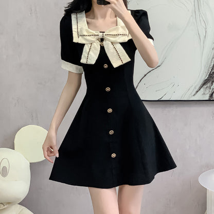 Bow Ruffled Single-Breasted Short-Sleeved Dress