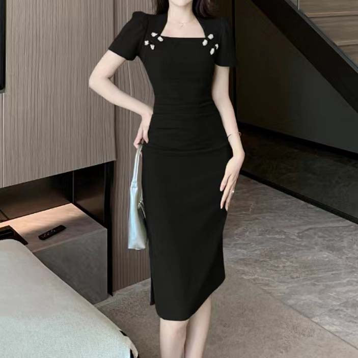 Retro Solid Color Cheongsam Square Neck Wrap Hip Dress