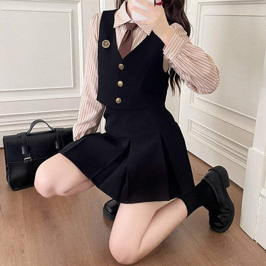 Retro Short Vest Shirt Pleated Skirt Set