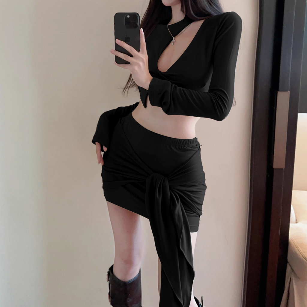 Irregular Hollow Slim-Fitting Top Ribbon Skirt Set