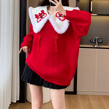 Fur Collar Tassel Loose New Year Christmas Sweater