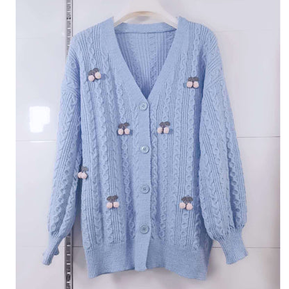 Cherry Lace Round Neck Button Knit Cardigan