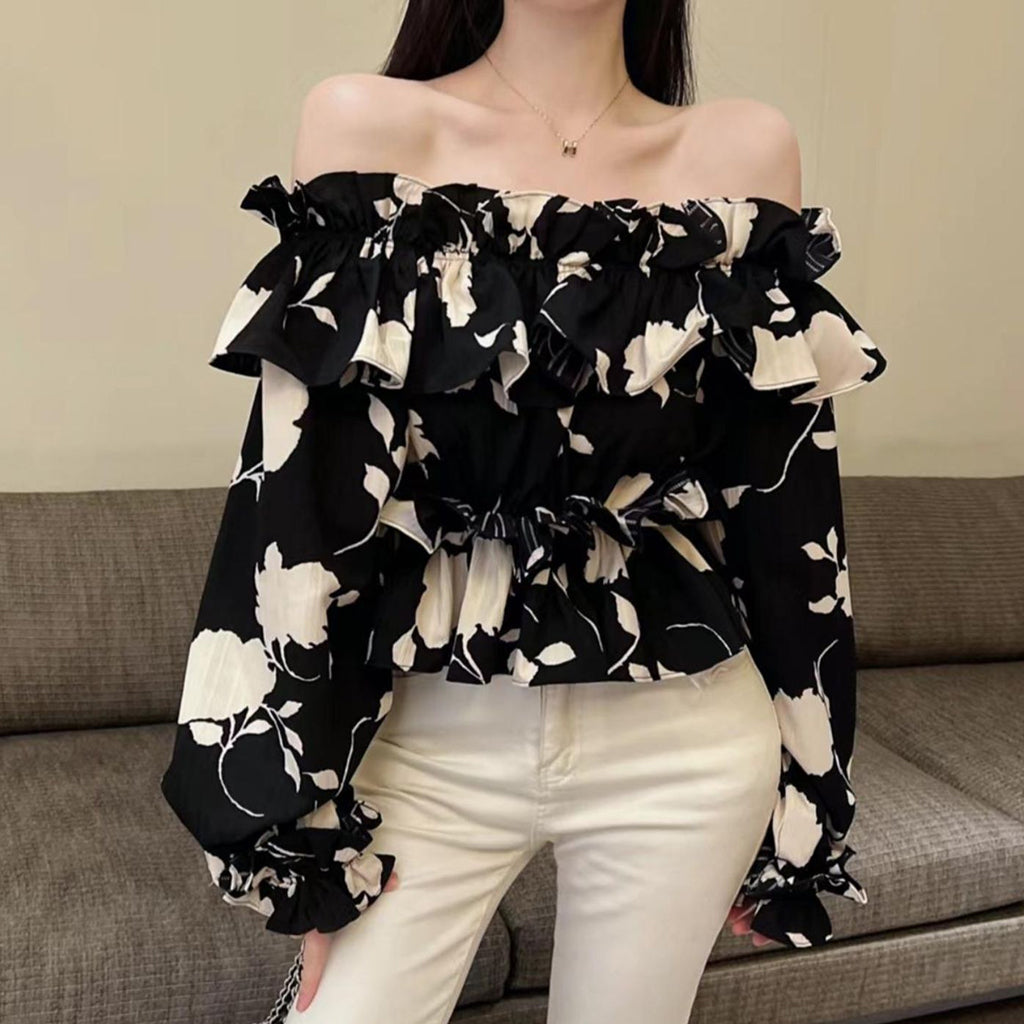 Floral Long-Sleeved Shirt Off-Shoulder Ruffled Top