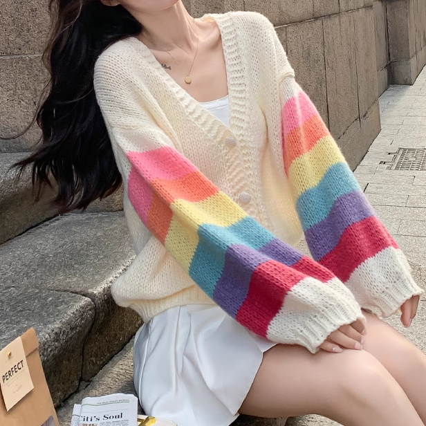 Rainbow Long Sleeve Loose V-Neck Knitted Cardigan