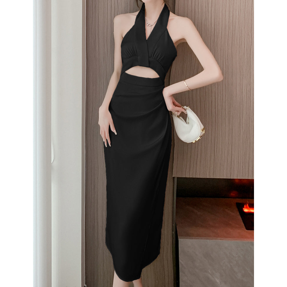 Satin Halter Sleeveless Open-Waist Slim Dress