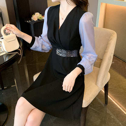 Puff Sleeve Splicing V-Neck Slim Temperament Dress