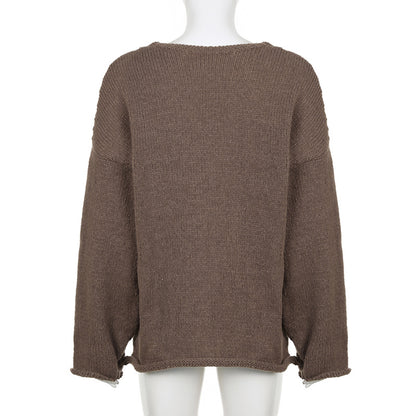 Split Curled V-Neck Loose Brown Knitted Sweater