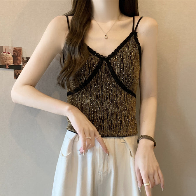 Lace Glitter V-Neck Slim Chest Pad Suspender Vest