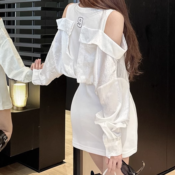 Off-The-Shoulder Paneled Fake Two-Piece Slim Dress