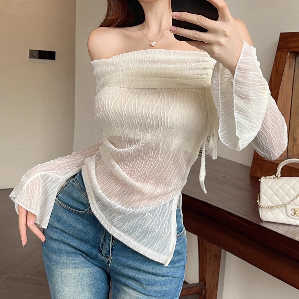 Off-Shoulder Drawstring Irregular Slim Fit T-Shirt