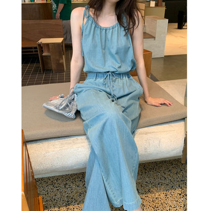 Sleeveless Elastic Waist Tie Straight Denim Jumpsuit