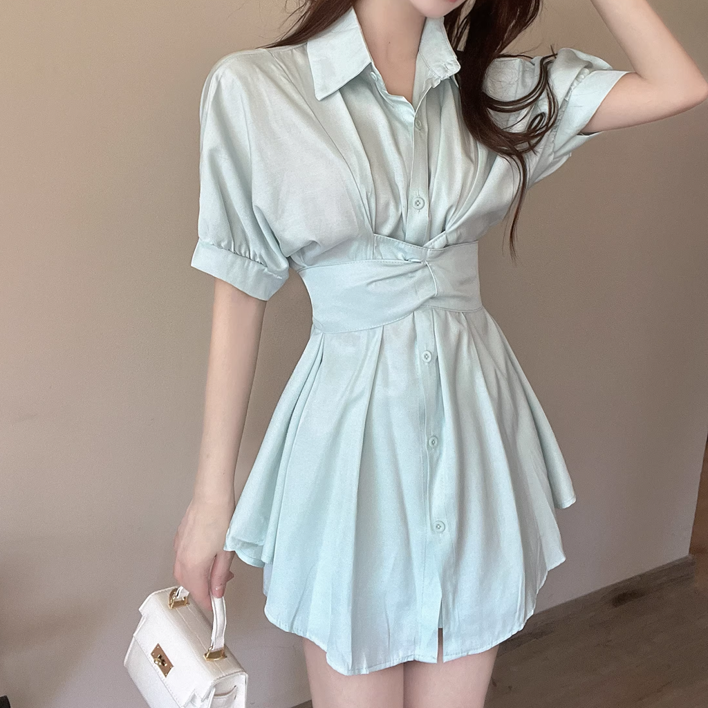 Waist-Tie Lace-Up Short-Sleeved Shirt Dress