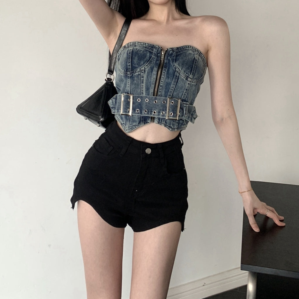 Retro Denim Tube Top Irregular High Waist Shorts