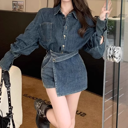 Retro Denim Jacket Irregular Skirt Set