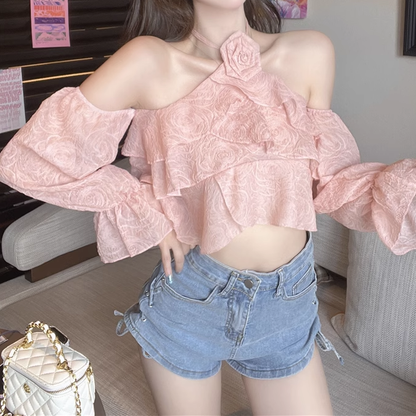 Off-The-Shoulder Floral Ruffle Halterneck Chiffon Top