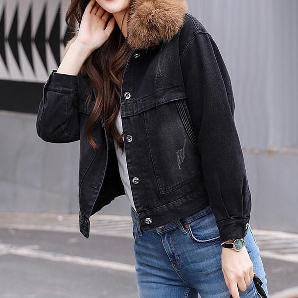 Furry Collar Thickened Plush Warm Denim Jacket