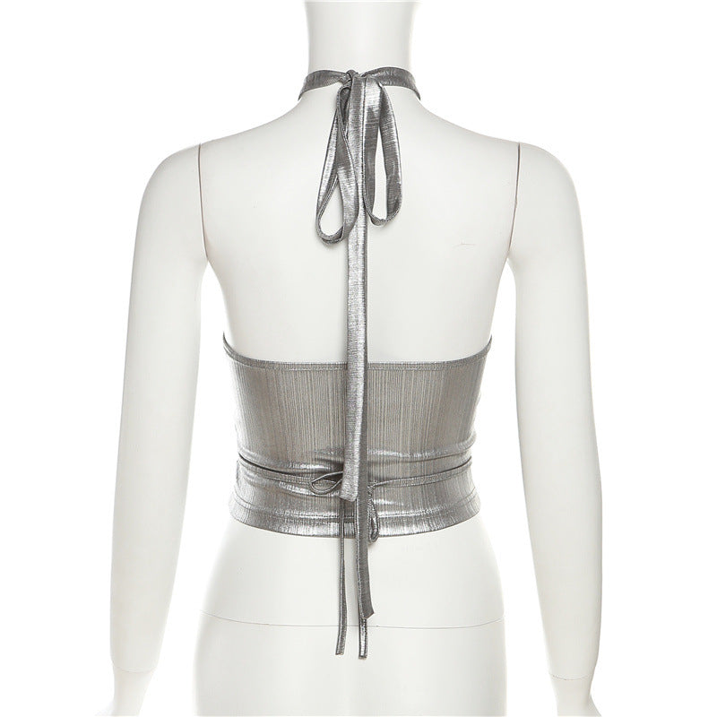 Halter Neck Strapless Backless Silver Cropped Top