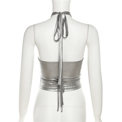 Halter Neck Strapless Backless Silver Cropped Top