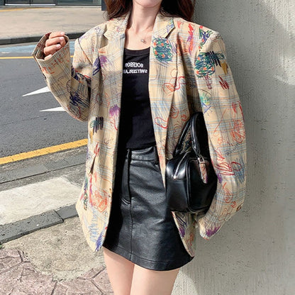 Graffiti Print Loose Casual Single-Breasted Suit Jacket