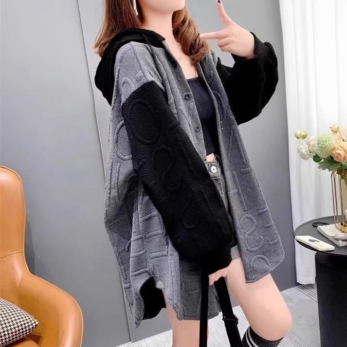 Jacquard Color Matching Hooded Casual Sweatshirt