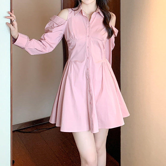 Off-The-Shoulder Waist Polo Collar Shirt Dress