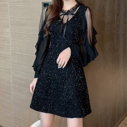 Lotus Leaf Long Sleeve Neck V Neck Dress