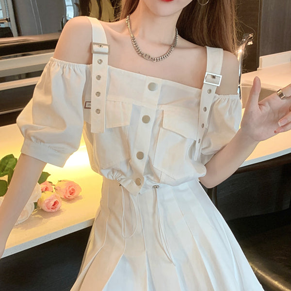 Off-Shoulder Strappy Shirt High Waist Skirt Set