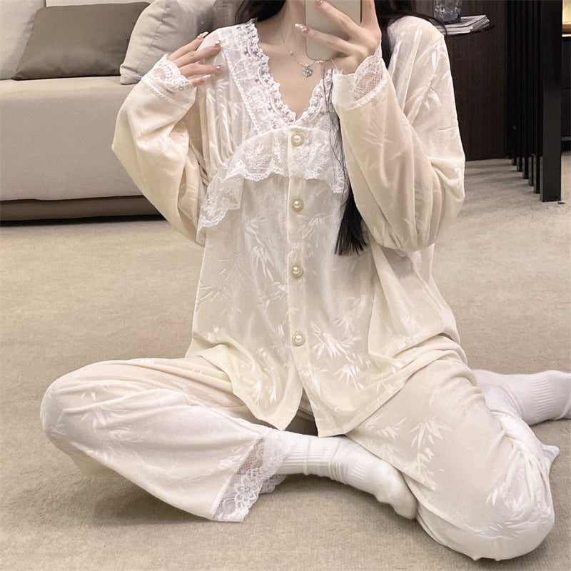 Lace Edge V-Neck Velvet Home Pajamas Set