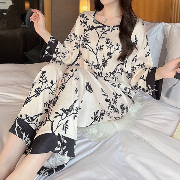 Ice Silk Thin Print Chinese Style Pajamas Set