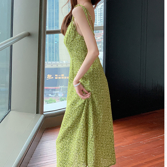 Slit V-Neck Chiffon Floral Sling Dress