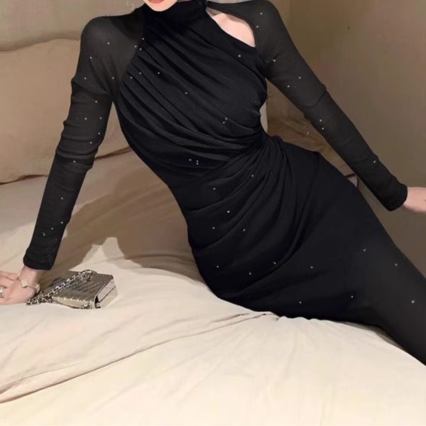 Hollow Glittering Pleated Slim Mesh Dress