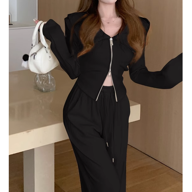 Zipper Slim Lapel Top Wide Leg Pants Set