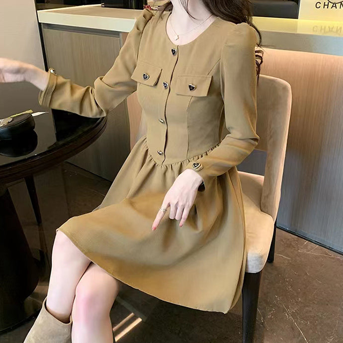 Long-Sleeved High-Waisted Slim Pocket Elegant Dress