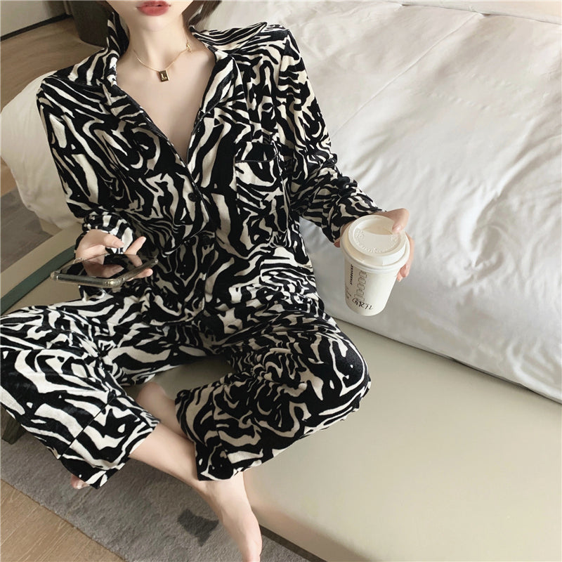 Velvet Sexy Zebra Print Cardigan Long Sleeve Lounge Wear Two Piece Set