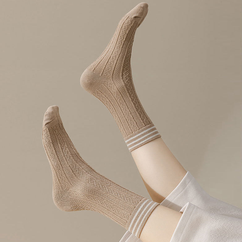 Striped Textured Mid-Calf Cotton Socks