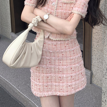 Short-Sleeved Jacket Top Tweed Skirt Elegant Set