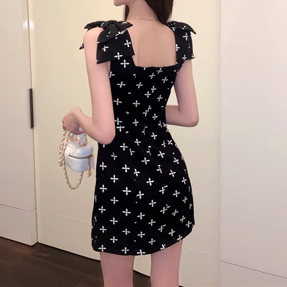 Cross-Print Bow-Knot Waist Strappy Dress