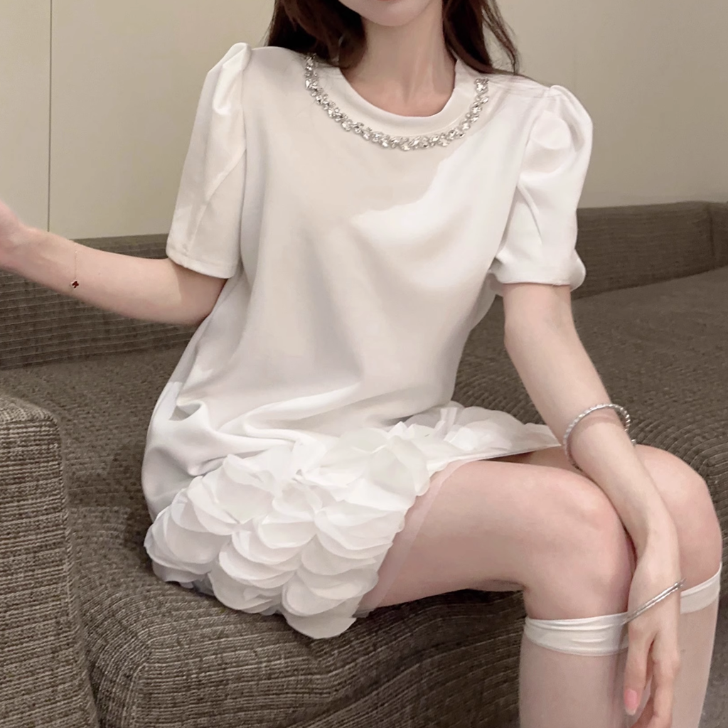 Diamond Round Neck Petal Puff Sleeve T-Shirt Dress