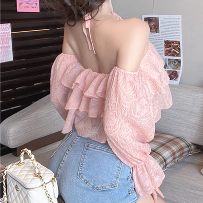 Off-The-Shoulder Floral Ruffle Halterneck Chiffon Top