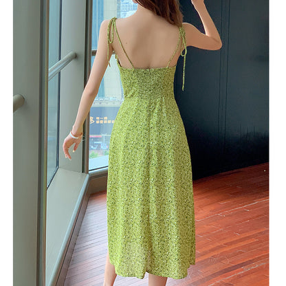 Slit V-Neck Chiffon Floral Sling Dress