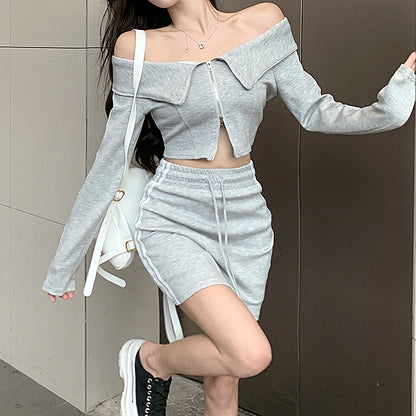 Off-Shoulder Top Striped Elastic Waist Skirt Set