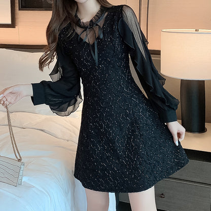 Lotus Leaf Long Sleeve Neck V Neck Dress