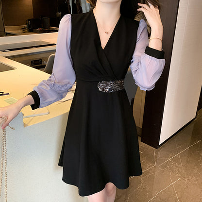 Puff Sleeve Splicing V-Neck Slim Temperament Dress