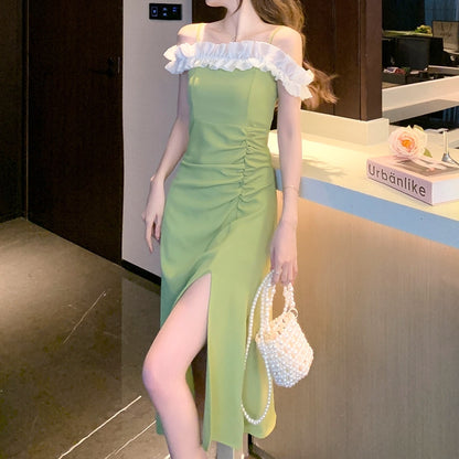 Off-Shoulder Fungus Collar Slit Long Dress