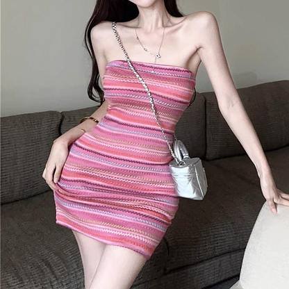 Colorful Wave Striped Braided Tube Dress