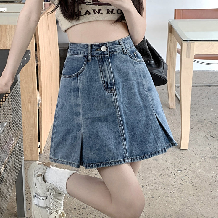 High Waist Slit A-Line Blue Denim Skirt