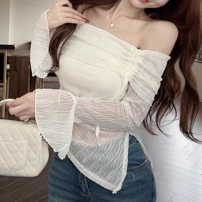 Off-Shoulder Drawstring Irregular Slim Fit T-Shirt