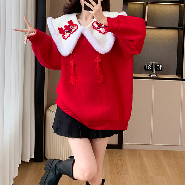 Fur Collar Tassel Loose New Year Christmas Sweater