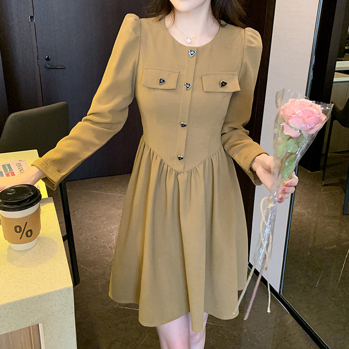 Long-Sleeved High-Waisted Slim Pocket Elegant Dress