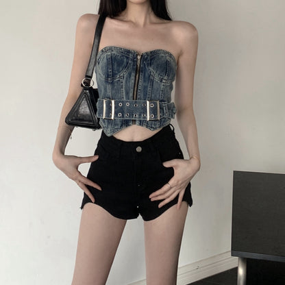 Retro Denim Tube Top Irregular High Waist Shorts